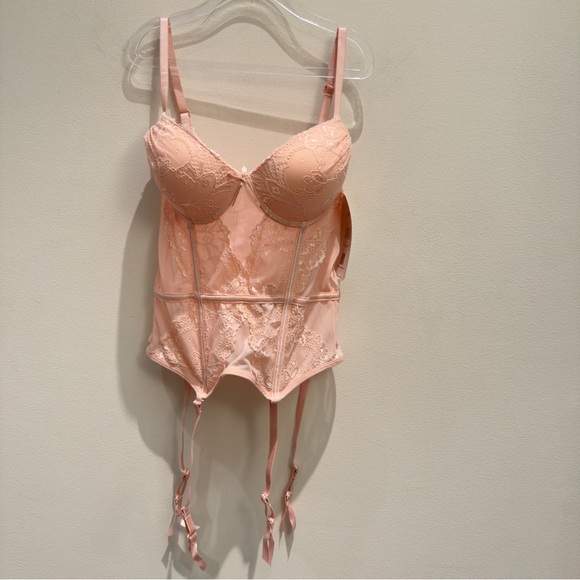 NWT- Rene Rofe Light Pink Blush Lace Bustier With Garters Lingerie Small Womens - Picture 2 of 7